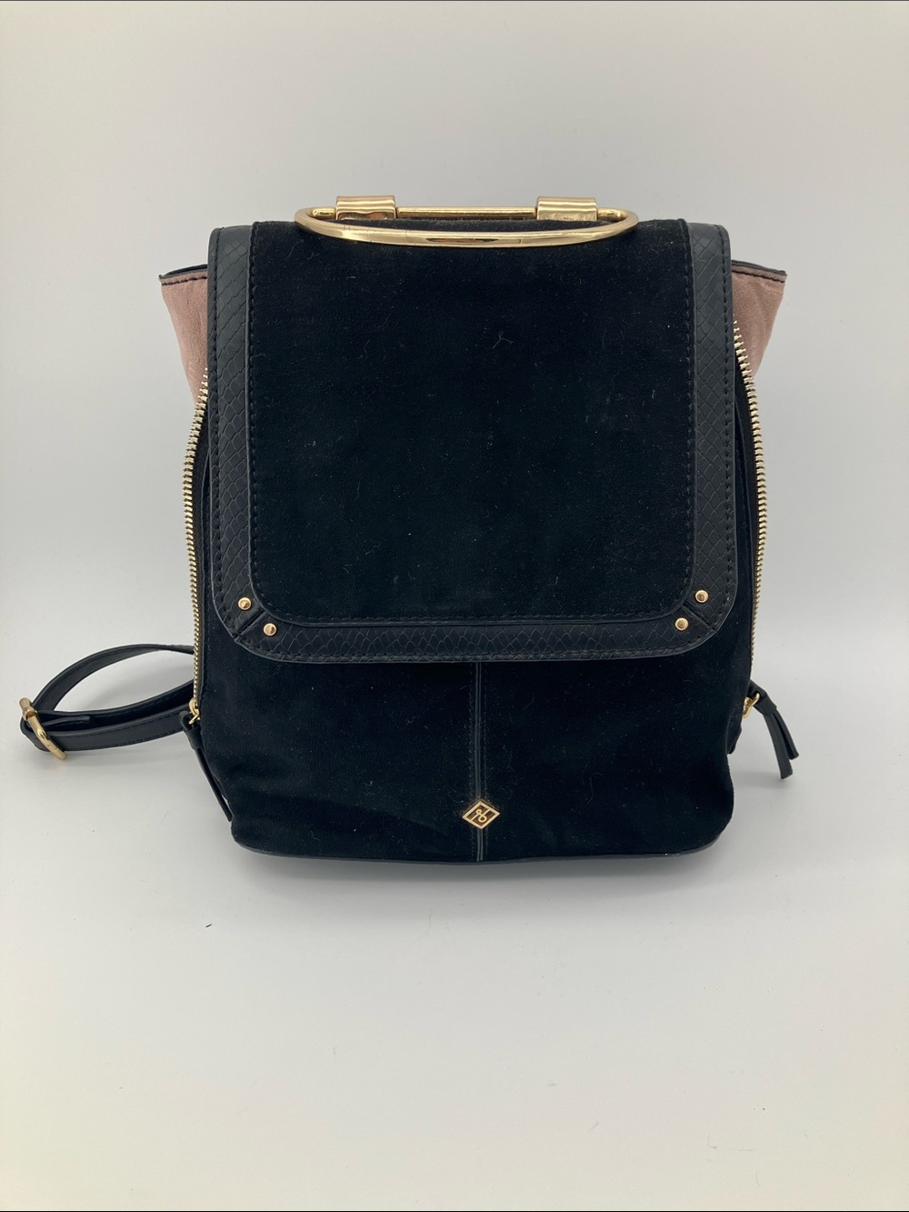 Call It Spring Black Blush Suede Mini Backpack Purse Gold Chain